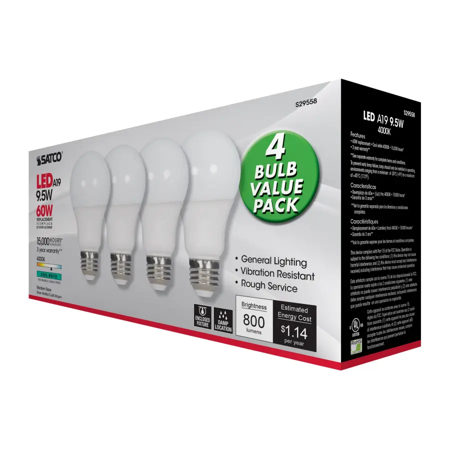 9.5 Watt - A19 LED - Frosted - 4000K - Medium base - 220 deg. Beam Angle - 120 Volt - Non-Dimmable - 4-Pack - Image 8