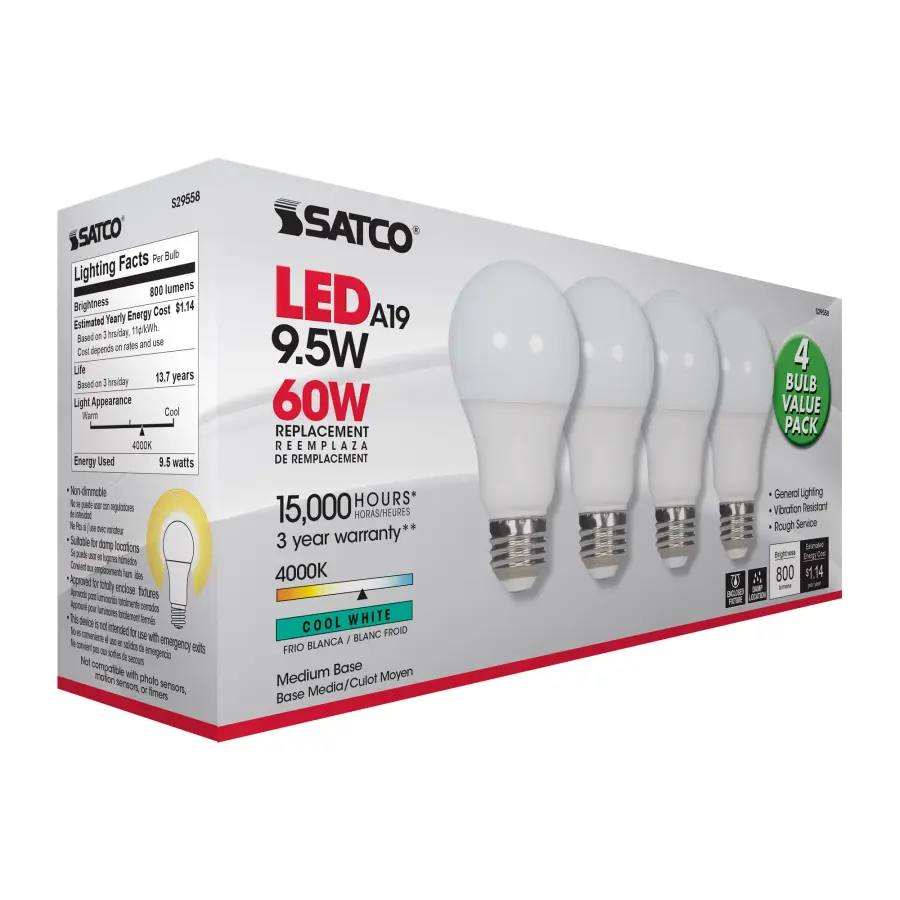 9.5 Watt - A19 LED - Frosted - 4000K - Medium base - 220 deg. Beam Angle - 120 Volt - Non-Dimmable - 4-Pack - Image 9