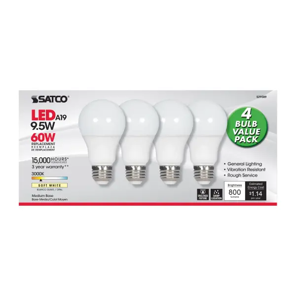 9.5 Watt - A19 LED - Frosted - 3000K - Medium base - 220 deg. Beam Angle - 120 Volt - Non-Dimmable - 4-Pack - Image 3
