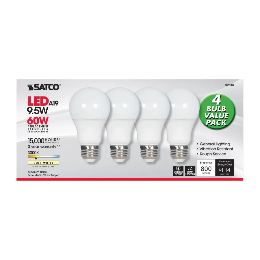 9.5 Watt - A19 LED - Frosted - 3000K - Medium base - 220 deg. Beam Angle - 120 Volt - Non-Dimmable - 4-Pack - Image 3