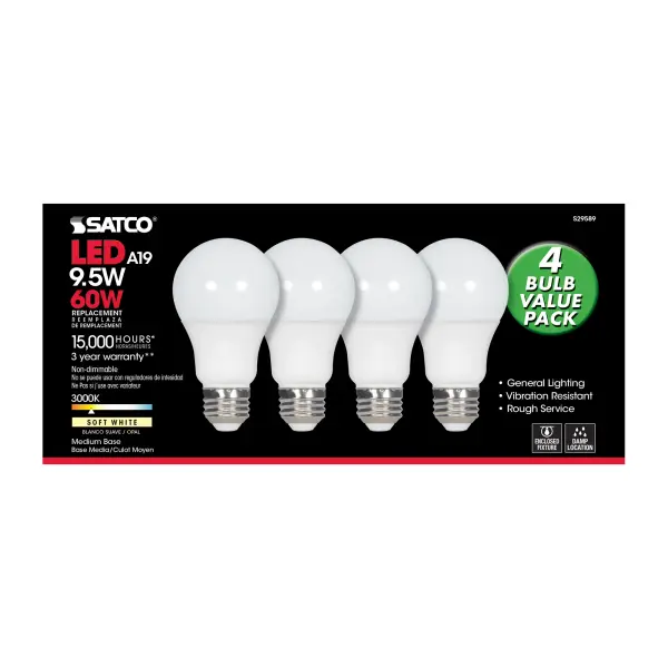 9.5 Watt - A19 LED - Frosted - 3000K - Medium base - 220 deg. Beam Angle - 120 Volt - Non-Dimmable - 4-Pack - Image 4