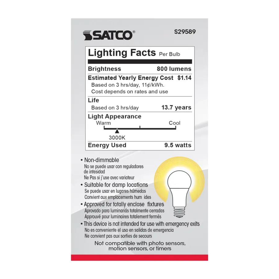 9.5 Watt - A19 LED - Frosted - 3000K - Medium base - 220 deg. Beam Angle - 120 Volt - Non-Dimmable - 4-Pack - Image 7