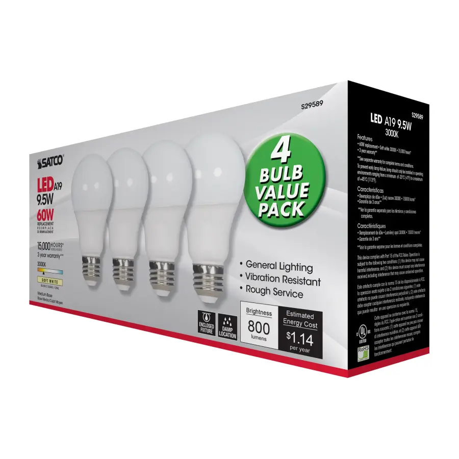 9.5 Watt - A19 LED - Frosted - 3000K - Medium base - 220 deg. Beam Angle - 120 Volt - Non-Dimmable - 4-Pack - Image 8