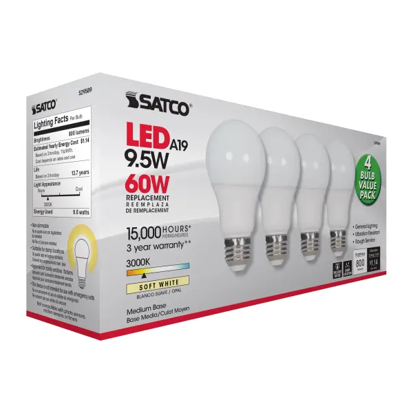 9.5 Watt - A19 LED - Frosted - 3000K - Medium base - 220 deg. Beam Angle - 120 Volt - Non-Dimmable - 4-Pack - Image 9