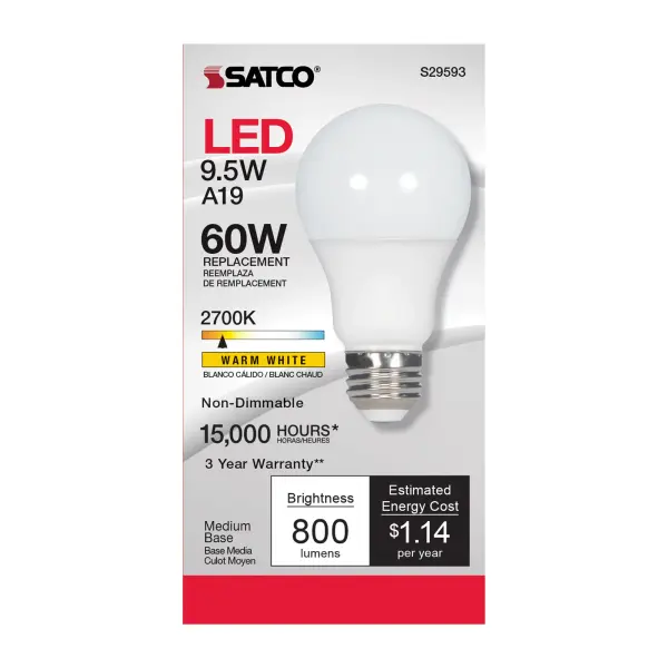 9.5 Watt - A19 LED - Frosted - 2700K Medium base - 220 deg. Beam Angle - 120 Volt - Non-Dimmable - Image 2