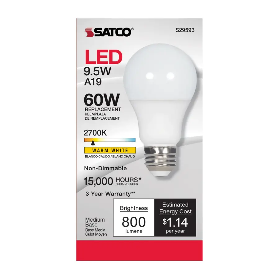 9.5 Watt - A19 LED - Frosted - 2700K Medium base - 220 deg. Beam Angle - 120 Volt - Non-Dimmable - Image 2