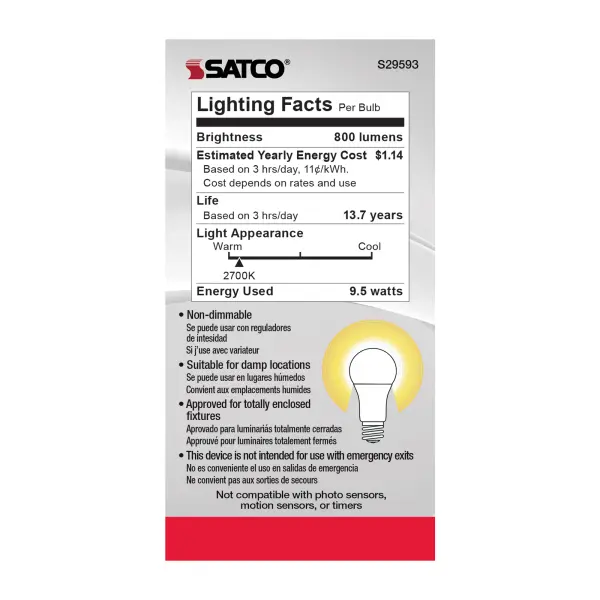9.5 Watt - A19 LED - Frosted - 2700K Medium base - 220 deg. Beam Angle - 120 Volt - Non-Dimmable - Image 6