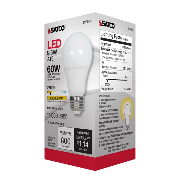 9.5 Watt - A19 LED - Frosted - 2700K Medium base - 220 deg. Beam Angle - 120 Volt - Non-Dimmable - Image 8