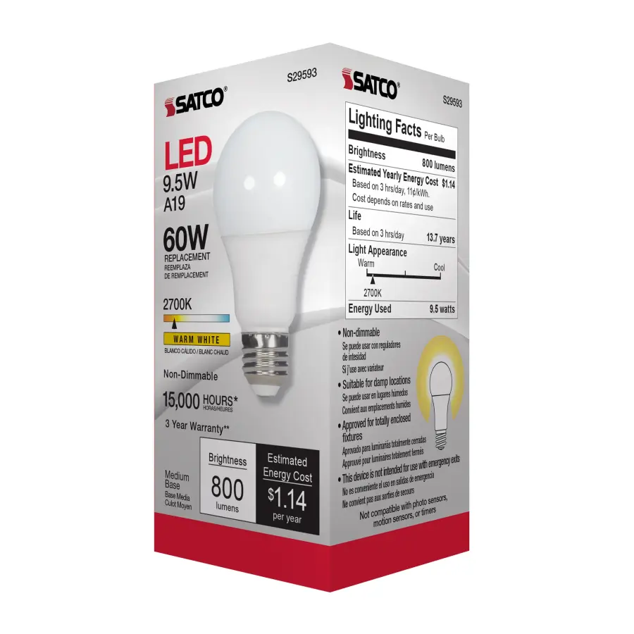 9.5 Watt - A19 LED - Frosted - 2700K Medium base - 220 deg. Beam Angle - 120 Volt - Non-Dimmable - Image 8