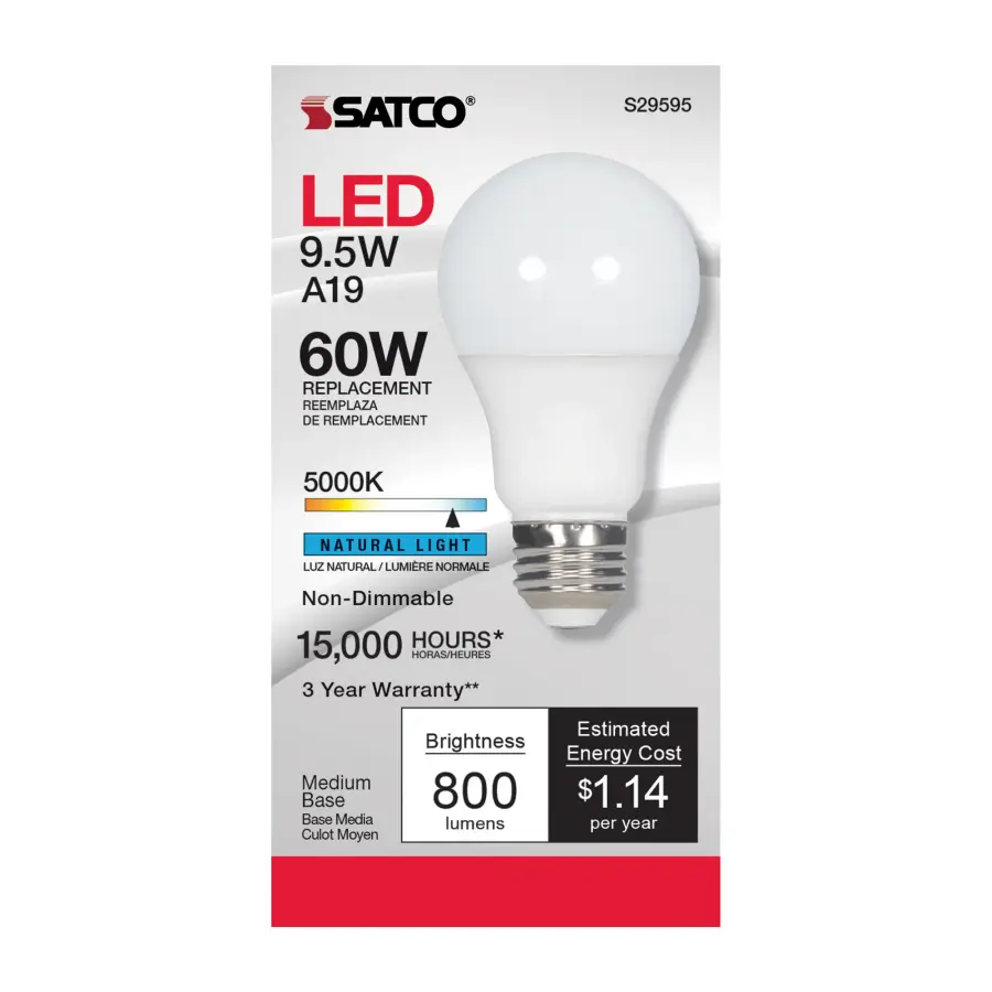 9.5 Watt - A19 LED - Frosted - 5000K Medium base - 220 deg. Beam Angle - 120 Volt - Non-Dimmable - Image 3