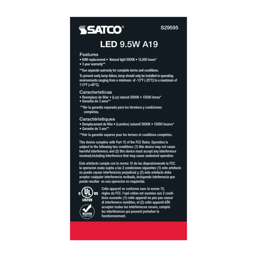 9.5 Watt - A19 LED - Frosted - 5000K Medium base - 220 deg. Beam Angle - 120 Volt - Non-Dimmable - Image 6