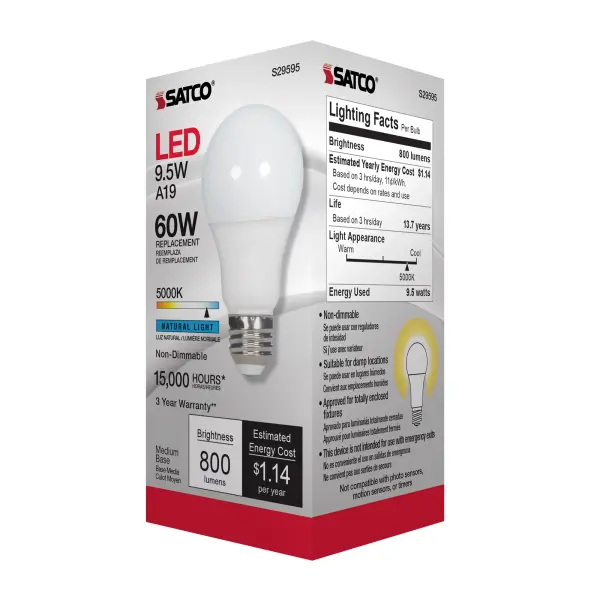 9.5 Watt - A19 LED - Frosted - 5000K Medium base - 220 deg. Beam Angle - 120 Volt - Non-Dimmable - Image 7
