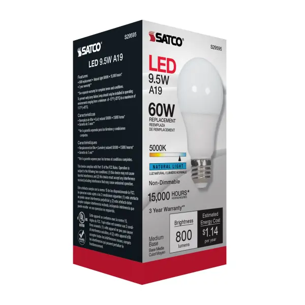 9.5 Watt - A19 LED - Frosted - 5000K Medium base - 220 deg. Beam Angle - 120 Volt - Non-Dimmable - Image 8