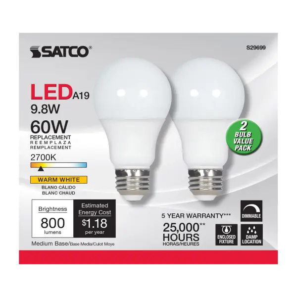 9.8 Watt - A19 LED - Medium base - 2700K - Frosted - 220 deg. Beam Angle - 120 Volt - 2-Pack Display Pack - Image 2