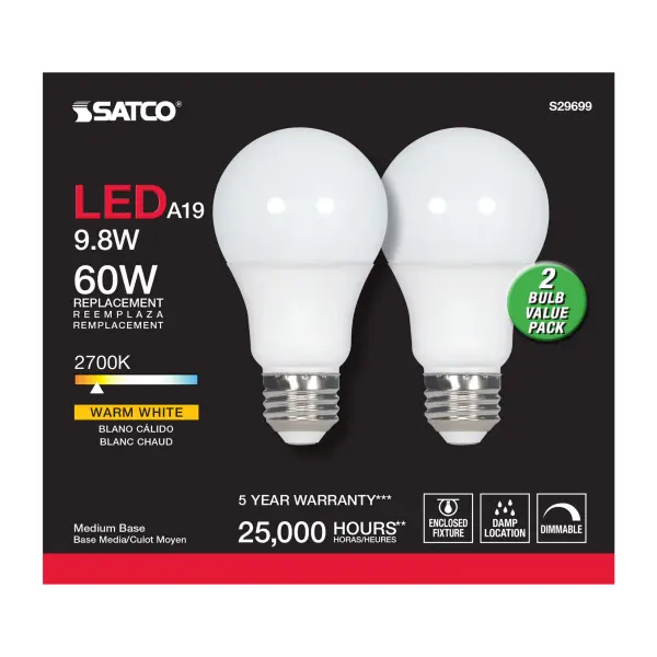 9.8 Watt - A19 LED - Medium base - 2700K - Frosted - 220 deg. Beam Angle - 120 Volt - 2-Pack Display Pack - Image 5