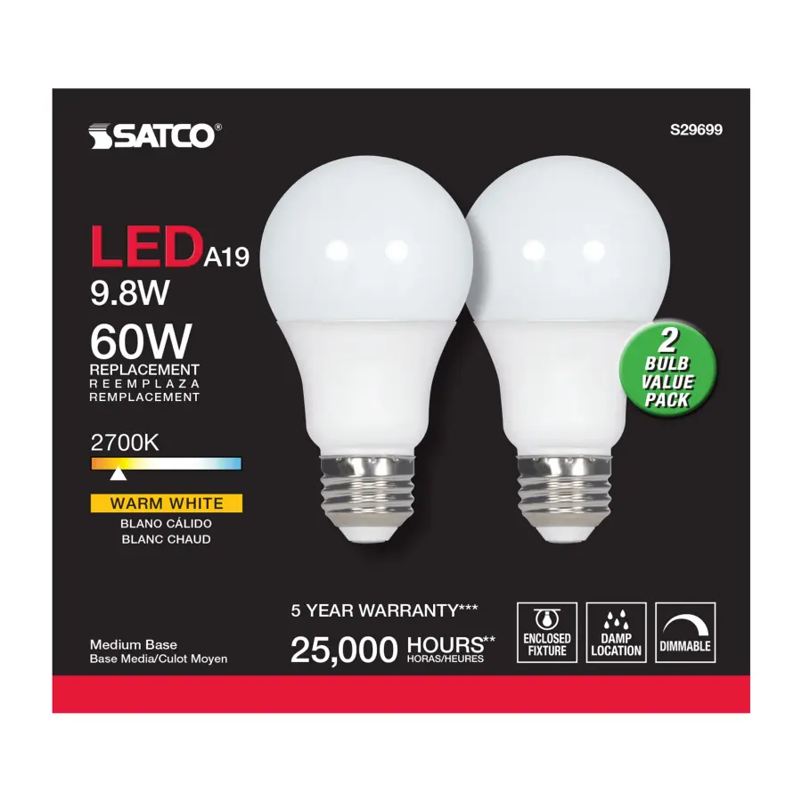 9.8 Watt - A19 LED - Medium base - 2700K - Frosted - 220 deg. Beam Angle - 120 Volt - 2-Pack Display Pack - Image 5