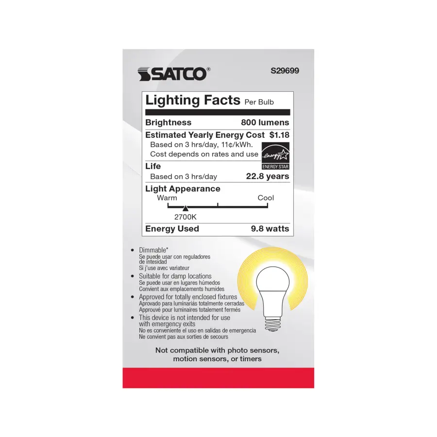 9.8 Watt - A19 LED - Medium base - 2700K - Frosted - 220 deg. Beam Angle - 120 Volt - 2-Pack Display Pack - Image 6