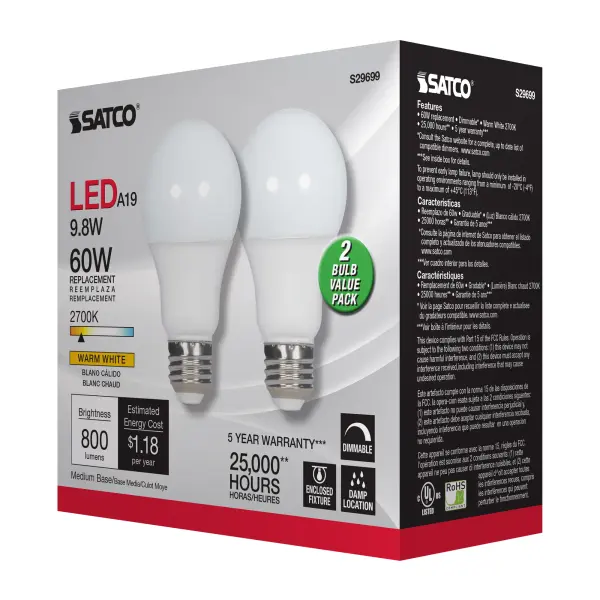9.8 Watt - A19 LED - Medium base - 2700K - Frosted - 220 deg. Beam Angle - 120 Volt - 2-Pack Display Pack - Image 7