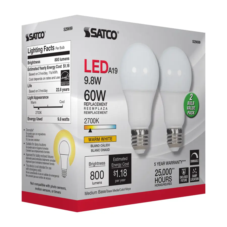 9.8 Watt - A19 LED - Medium base - 2700K - Frosted - 220 deg. Beam Angle - 120 Volt - 2-Pack Display Pack - Image 8