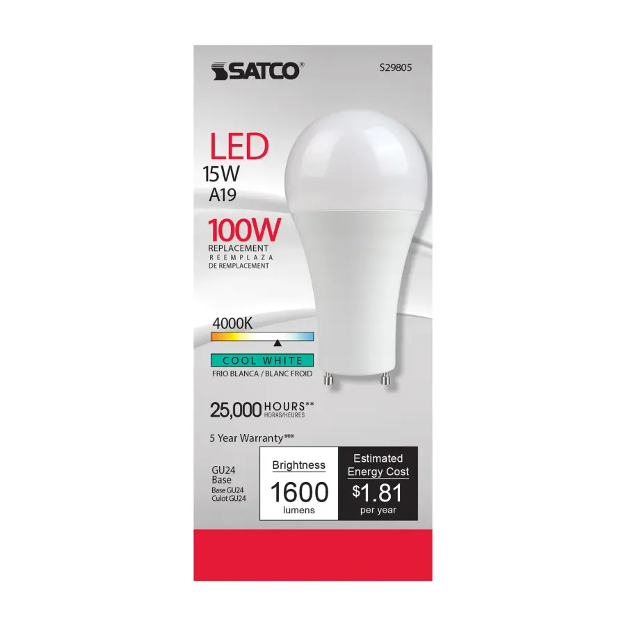 15 Watt - A19 LED - Frosted - 4000K - GU24 base - 220 deg. Beam Angle - 120 Volt - Image 2