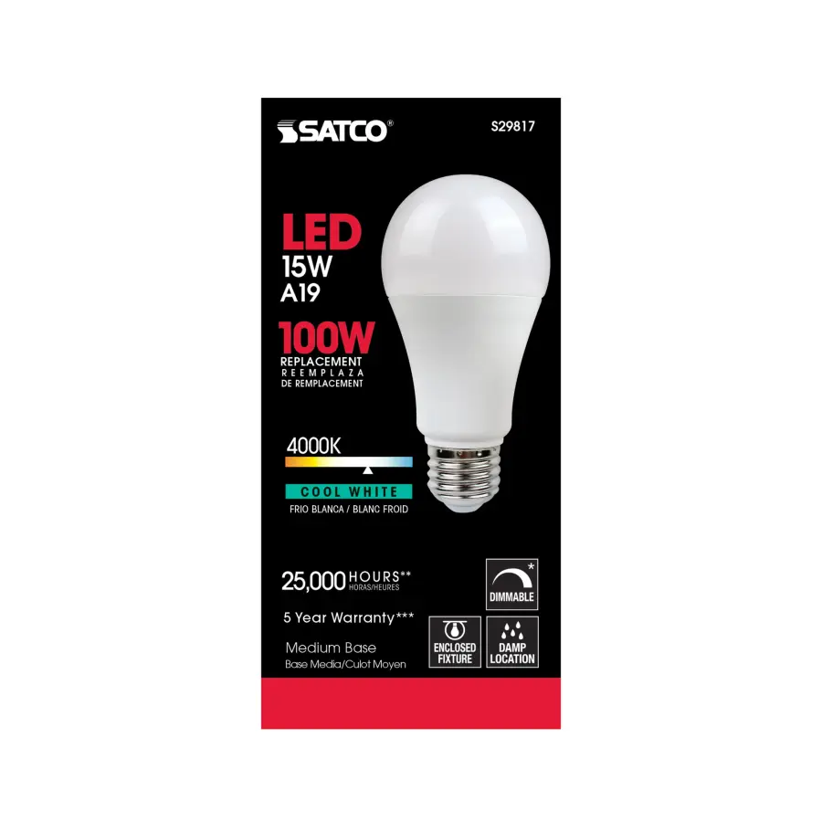 15 Watt - A19 LED - Frosted - 4000K - Medium base - 220 deg. Beam Angle - 120 Volt - Image 3