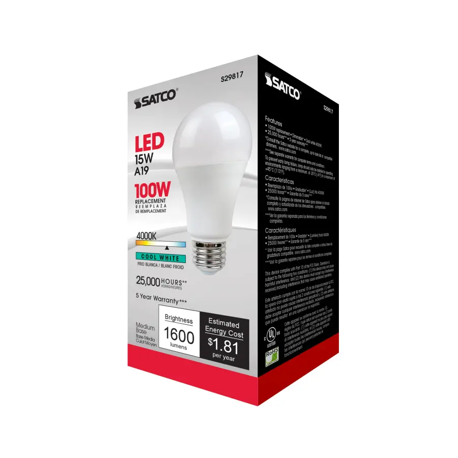 15 Watt - A19 LED - Frosted - 4000K - Medium base - 220 deg. Beam Angle - 120 Volt - Image 5
