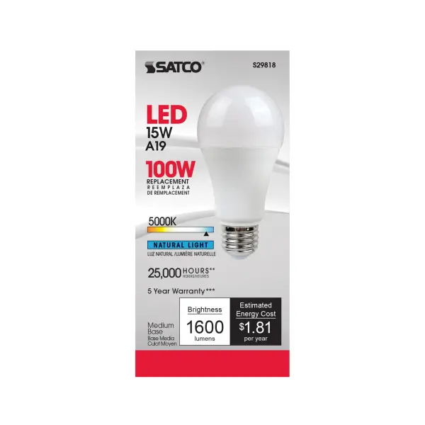 15 Watt - A19 LED - Frosted - 5000K - Medium base - 220 deg. Beam Angle - 120 Volt - Image 2