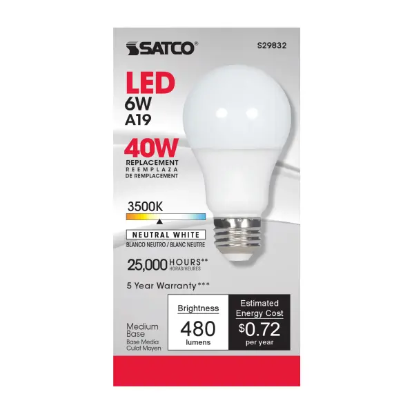 6 Watt - A19 LED - 3500K - Medium base - 220 deg. Beam Angle - 120 Volt - Image 3