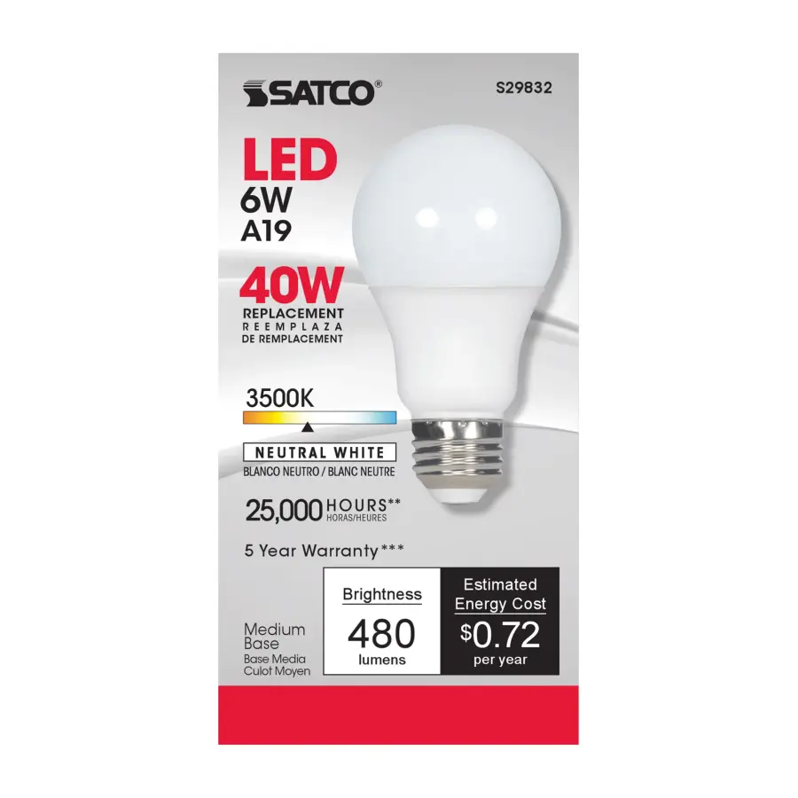 6 Watt - A19 LED - 3500K - Medium base - 220 deg. Beam Angle - 120 Volt - Image 3