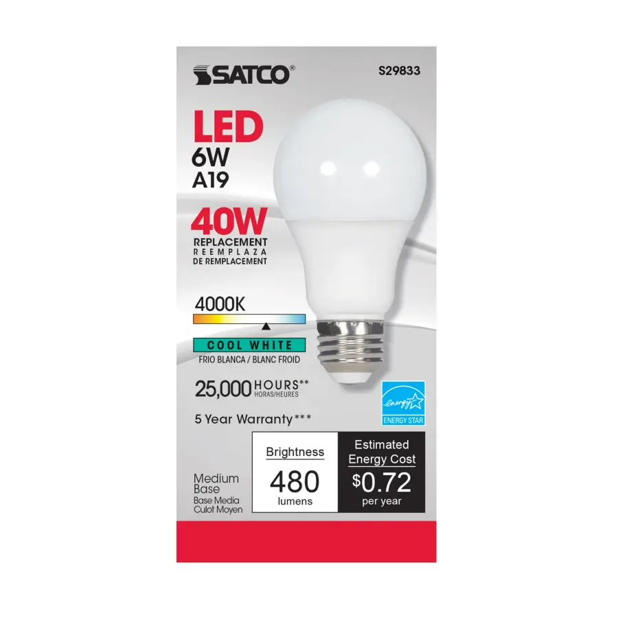 6 Watt - A19 LED - 4000K - Medium base - 220 deg. Beam Angle - 120 Volt - Image 3