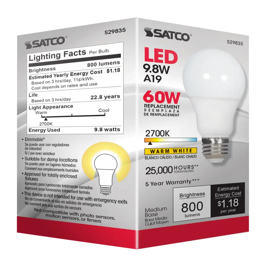 9.8 Watt - A19 LED - 2700K - Medium base - 220 deg. Beam Angle - 120 Volt - Image 5