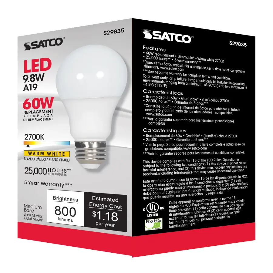 9.8 Watt - A19 LED - 2700K - Medium base - 220 deg. Beam Angle - 120 Volt - Image 10