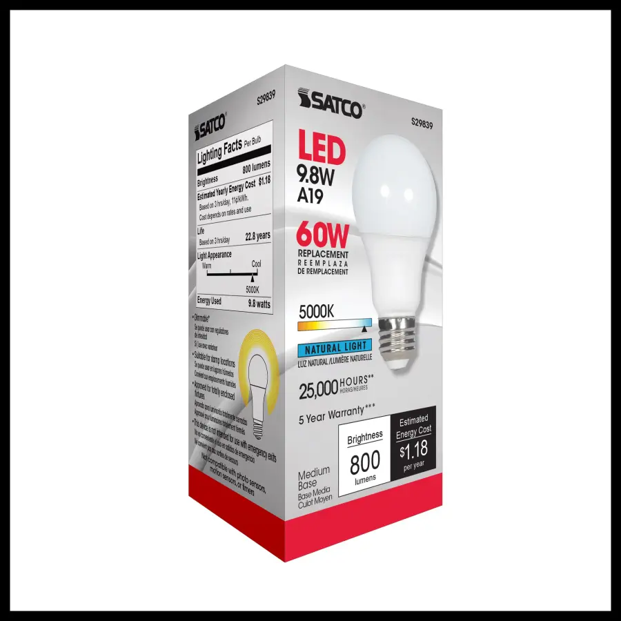 9.8 Watt - A19 LED - 5000K - Medium base - 220 deg. Beam Angle - 120 Volt - Image 5