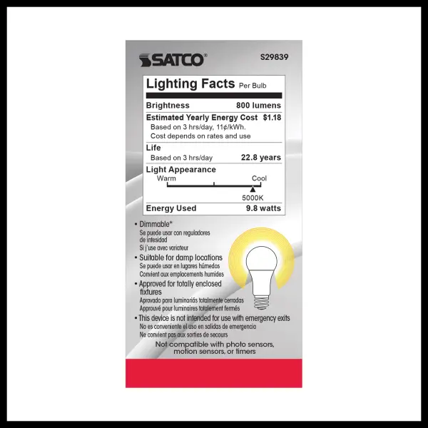 9.8 Watt - A19 LED - 5000K - Medium base - 220 deg. Beam Angle - 120 Volt - Image 9
