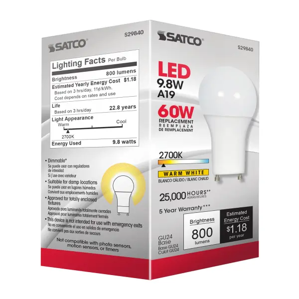 9.8 Watt - A19 LED - 2700K - GU24 base - 220 deg. Beam Angle - 120 Volt - Image 4