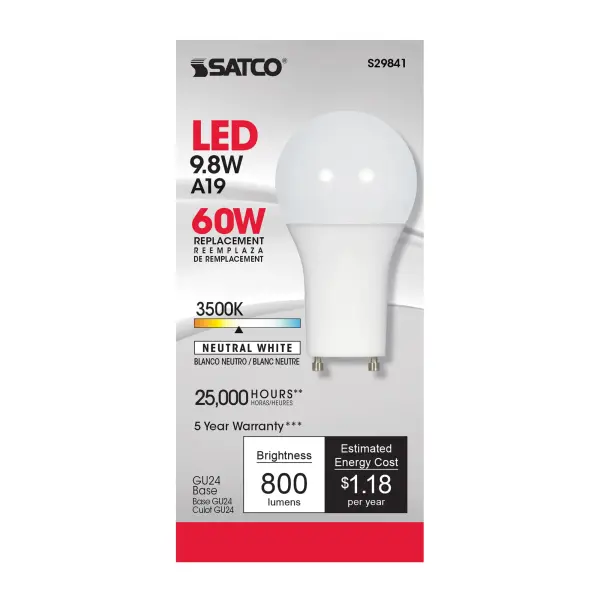 9.8 Watt - A19 LED - 3500K - GU24 base - 220 deg. Beam Angle - 120 Volt - Image 2
