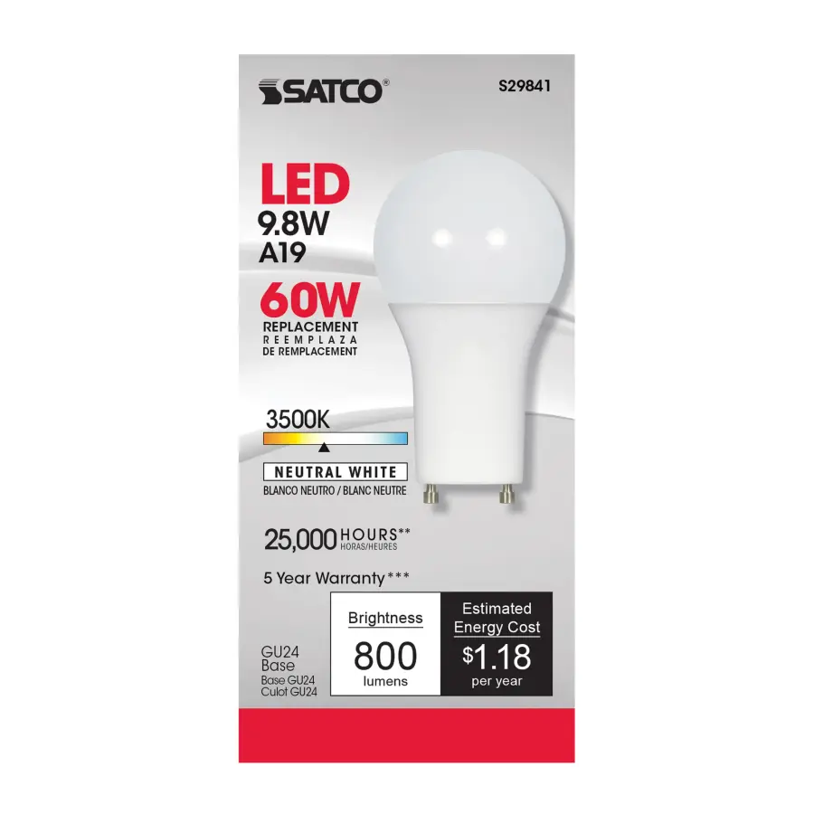9.8 Watt - A19 LED - 3500K - GU24 base - 220 deg. Beam Angle - 120 Volt - Image 2