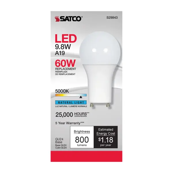 9.8 Watt - A19 LED - 5000K - GU24 base - 220 deg. Beam Angle - 120 Volt - Image 2