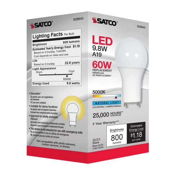 9.8 Watt - A19 LED - 5000K - GU24 base - 220 deg. Beam Angle - 120 Volt - Image 6