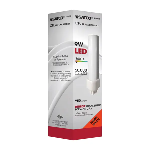 9 Watt LED PL 4-Pin - 3000K - 1050 Lumens - G24q base - 50000 Average rated hours - 120 Deg. Beam Angle - Type A - Ballast dependent - Image 6
