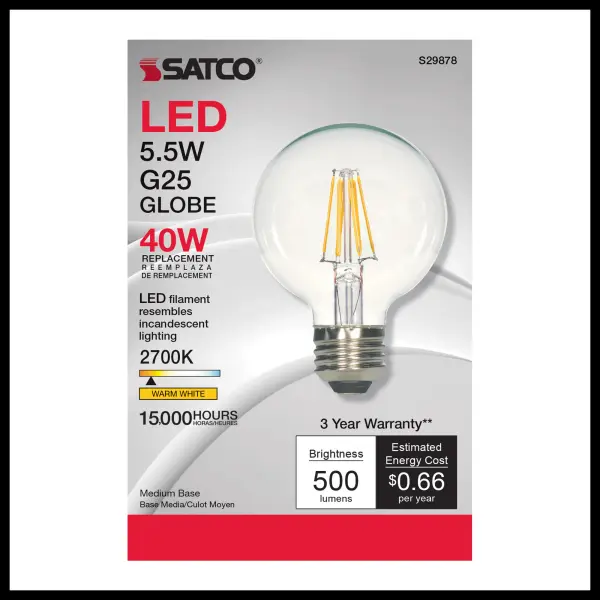 5.5 Watt G25 LED Filament - Clear - Medium base - 2700K - 500 Lumens - 120 Volt - Image 2
