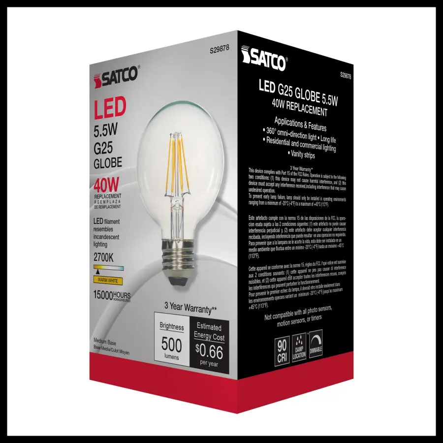 5.5 Watt G25 LED Filament - Clear - Medium base - 2700K - 500 Lumens - 120 Volt - Image 6
