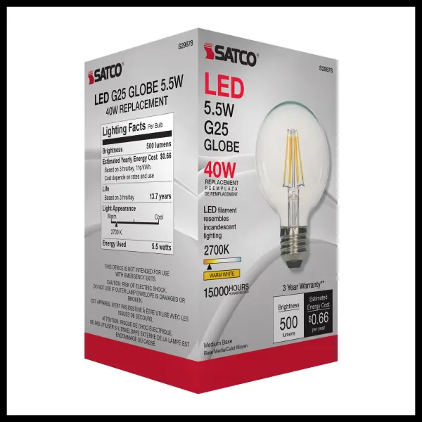 5.5 Watt G25 LED Filament - Clear - Medium base - 2700K - 500 Lumens - 120 Volt - Image 7
