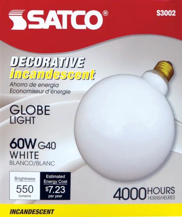 60 Watt G40 Incandescent - Gloss White - 4000 Average rated hours - 550 Lumens - Medium base - 120 Volt - Image 2