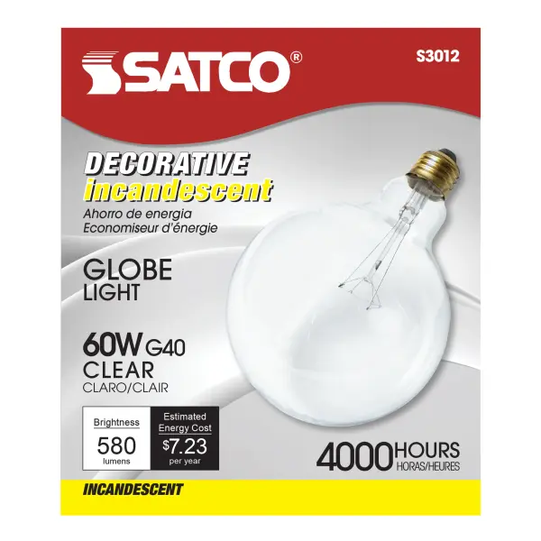 60 Watt G40 Incandescent - Clear - 4000 Average rated hours - 580 Lumens - Medium base - 120 Volt - alternate view