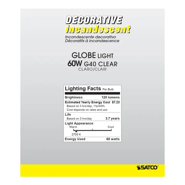 60 Watt G40 Incandescent - Clear - 4000 Average rated hours - 580 Lumens - Medium base - 120 Volt - Image 5