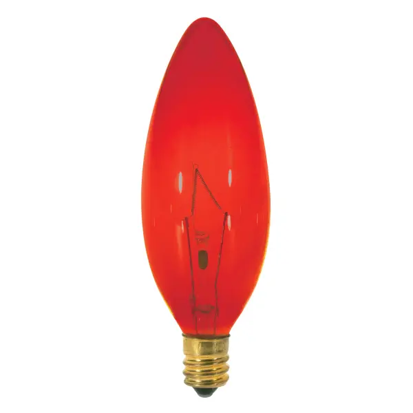25 Watt BA9 1/2 Incandescent - Transparent Red - 1500 Average rated hours - Candelabra base - 120 Volt