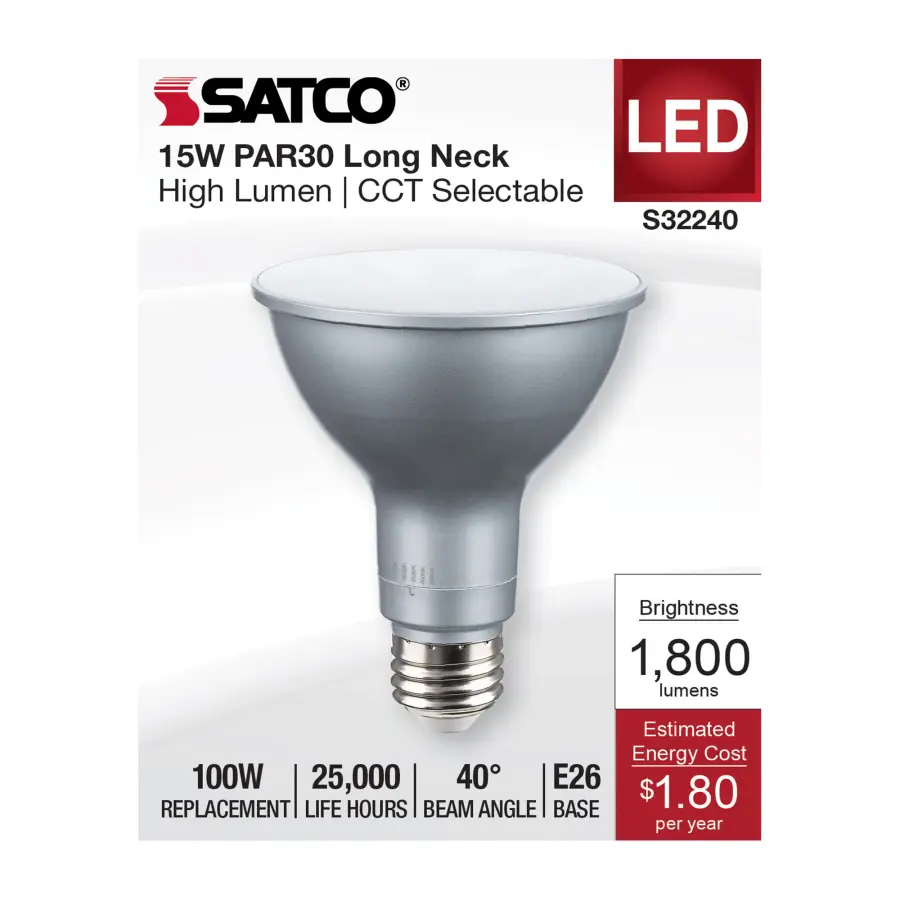 15 Watt PAR30LN High Lumen LED - Long Neck - 27K/30K/35K/40K/50K CCT Selectable - Medium Base - 120 Volt - Image 4