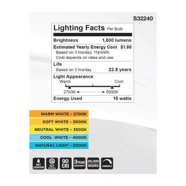 15 Watt PAR30LN High Lumen LED - Long Neck - 27K/30K/35K/40K/50K CCT Selectable - Medium Base - 120 Volt - Image 6