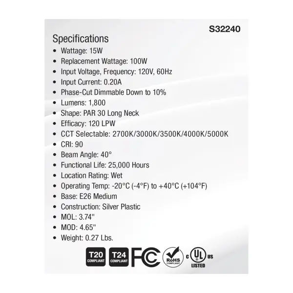 15 Watt PAR30LN High Lumen LED - Long Neck - 27K/30K/35K/40K/50K CCT Selectable - Medium Base - 120 Volt - Image 7